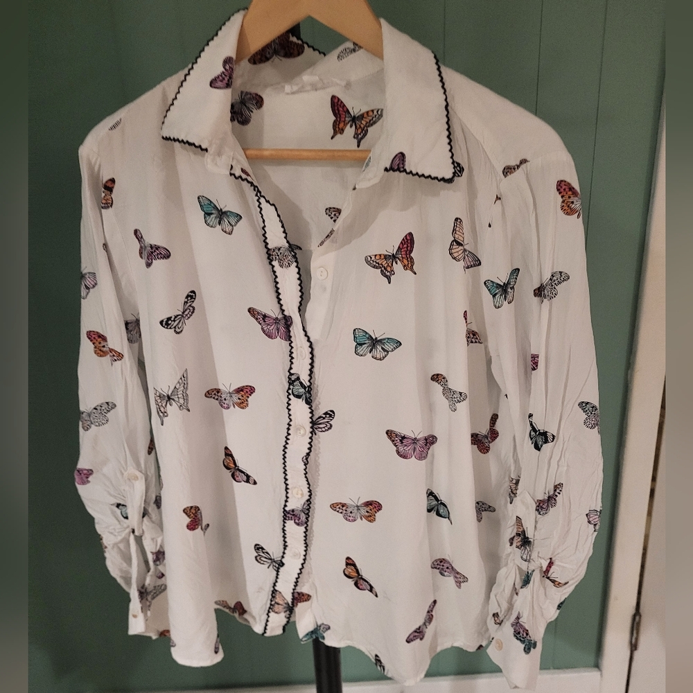 Jane and Delancey Blouse with Colorful Butterflies, XL, Coquette, Spring Ready
